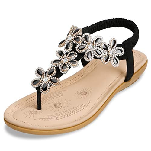 Image of ZOEREA Women's Flat Sandals, T-Strap Rhinestone Flower Bead Sandals, Ladies Summer Folk Boho Clip Toe Flip Flops Shoes, Black 3, 9 UK