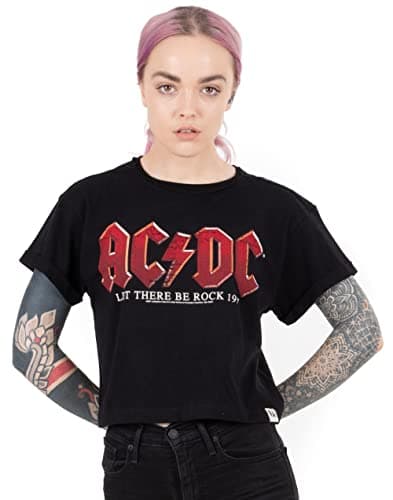 Image of AC/DC Cropped T-Shirt for Women | Ladies Short Sleeve Rock Band Black Crop Top | Distressed Logo Let There Be Rock Song Album | Music CD Gifts Merchandise