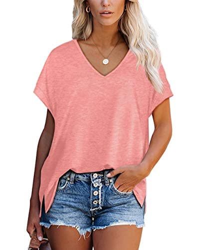 Image of Aokosor Tops for Women V Neck Summer T Shirts Ladies Extended Shoulder Casual Tee Coral Size 10-12
