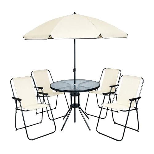 Image of Garden Mile 4 Seater Patio Dining Set with Parasol Cream Garden Table and Chairs Set, Foldable Outdoor Furniture with Tempered Glass Table, Weather Resistant Balcony Patio Furniture (Cream)