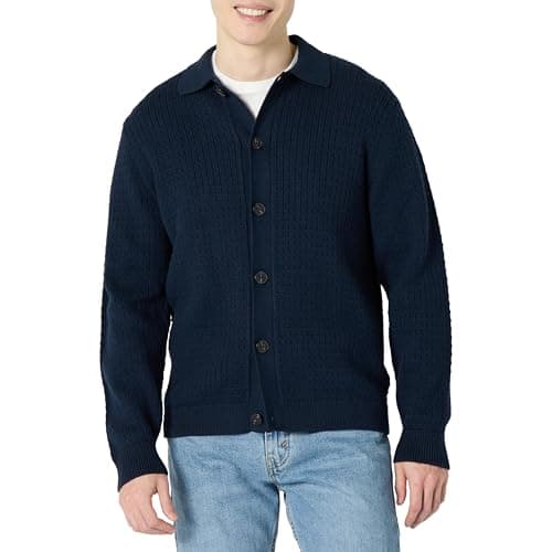 Image of Amazon Essentials Men's Relaxed-Fit Collared Cardigan Jumper, Navy, XL