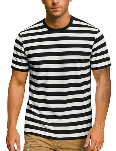 Image of Essential Stripes T-Shirts Comfort Short-Sleeve Crew-Neck Striped Tee Top(Black&White WD,L)