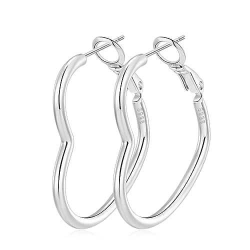 Image of PRETOLE Sterling Silver Hoops Earrings For Women S925 Large Heart Hoop Thin Sliver Filled Hypoallergenic girls 30 40 50 mm