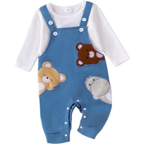 Image of Carolilly Infant Baby Boys Embroidery Animals Outfits Newborn Baby Boys Long Sleeve Tshirt Top + Overall Pants Toddler Clothes 2 Piece Clothing Sets (White, 3-6 Months)