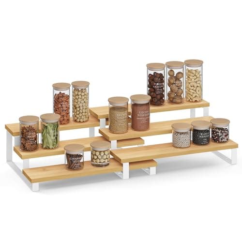 Image of SONGMICS Spice Rack, Set of 2 Cabinet Shelf Organisers, 3-Tier Extendable Spice Holder, Engineered Wood, Stackable, for Pantry, Cupboard, Countertop, Natural Beige and Cloud White KCS016N02