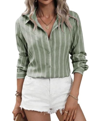 Image of MINTLIMIT Womens Button Down Shirts Striped Classic Long Sleeve Collared Office Work Blouses Tops Olive Green