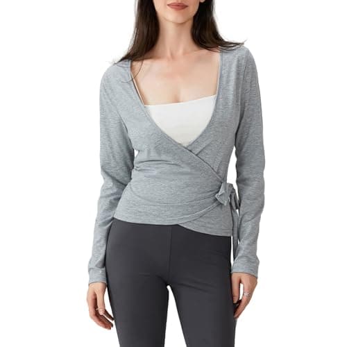 Image of Long Sleeve Wrap Over Tops for Women Front Tie Slim Fitted Deep V-Neck Cross Wrap Around Tops Workout Pilates Ballet Yoga Gym Sports Top (Light Grey, M)