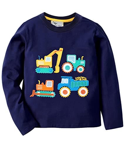 Image of Little Hand Boys Long Sleeve T-Shirt Tops Toddler Kids 100% Cotton Digger Tractor Crewneck Tee Shirts Clothes Age 3-4 Years