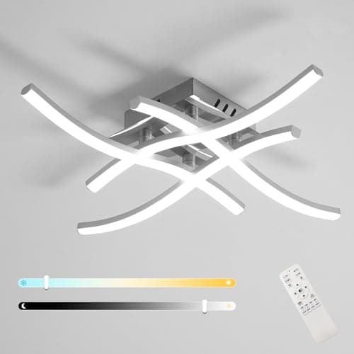 Image of Goeco Dimmable LED Ceiling Light with Remote Control, 28W 3150 lm Curved Ceiling Lights Fixture with 4 LED Strips, 3000K -6500K, Brightness Adjustable, for Living Rooms, Bedroom, Kitchen, Silver