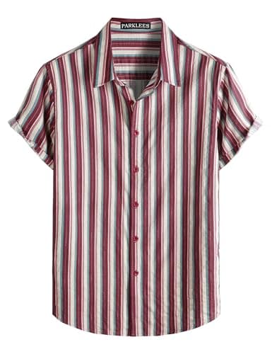 Image of PARKLEES Men's Hawaiian Short Sleeve Button Down Shirts Summer Casual Vintage Lightweight Shirt Red Stripes XX-Large