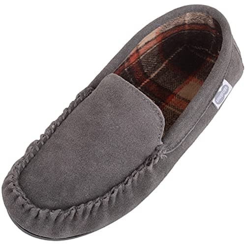 Image of SNUGRUGS Leo Mens Suede Loafer Moccasin Slippers with Checked Cotton Inner and Rubber Sole (UK 8, Grey, numeric_8)