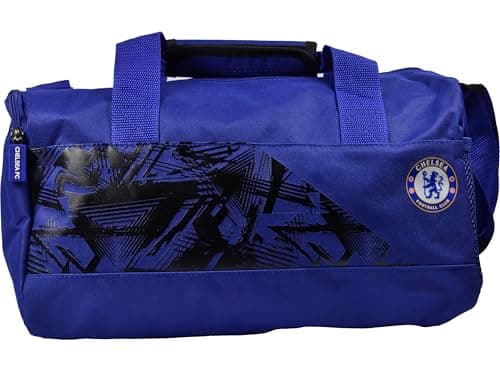 Image of Chelsea FC Official Blue Sports Duffle Bag, Small Size with Club Logo, Geometric Pattern Design, Adjustable Shoulder Strap