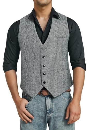 Image of HISDERN Men's Waistcoats Tweed Waistcoat for Men Herringbone Waistcoats Formal Suit Vest Grey XL