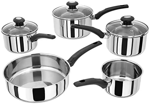 Image of Judge Essentials Stainless Steel Set of Pans, 5-Piece Set, 14cm Milk Pan, 26cm Frying Pan, 16cm, 18cm & 20cm Saucepans with Vented Glass Lids, Induction Ready, 10 Year Guarantee