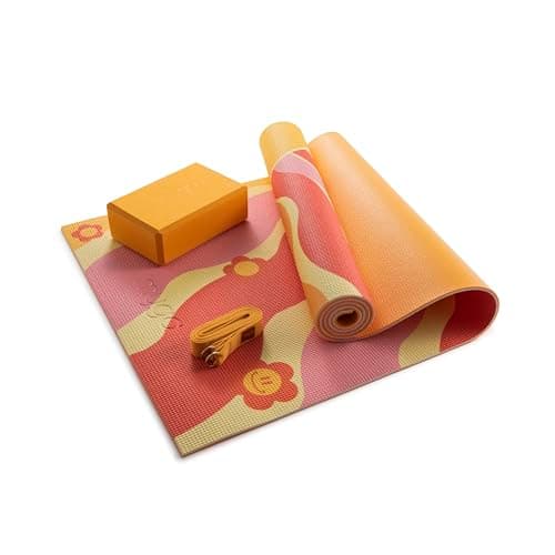 Image of MYGA Yoga Starter Set - 6mm Non-Slip Yoga Mat, Yoga Block and Strap - Starter Kit for Beginners in Pilates, Exercise and Fitness - Choice of Design (Groovy)