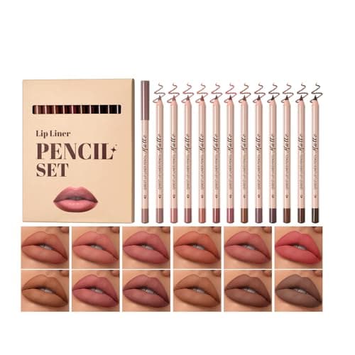 Image of 12 Colors Matte Velvet Lip Liner Set, Lipstick Pencil Plump Nude Color Smooth Creamy Longwear High Pigmented Natural Lip Makeup