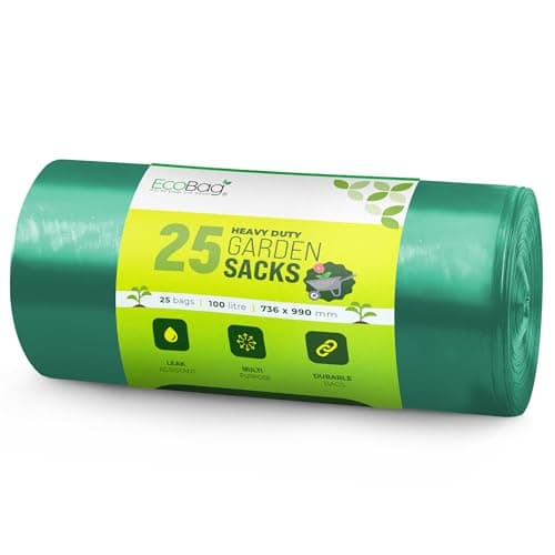 Image of EcoBag - 25 Pack Extra Strong Heavy Duty Garden Sacks - 100L - 30 Microns - Recyclable, Leak Resistant & Eco-Friendly, Durable Garden Waste Disposal Bags for Household & Commercial Use (736x990mm)