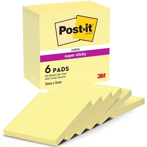 Image of Post-it Super Sticky Notes, 540 Sheets, Pack of 6 Pads, 76 mm x 76 mm - Holds Strong to Many Surfaces - Canary Yellow - for Walls, Monitors and Fridge, Recycable