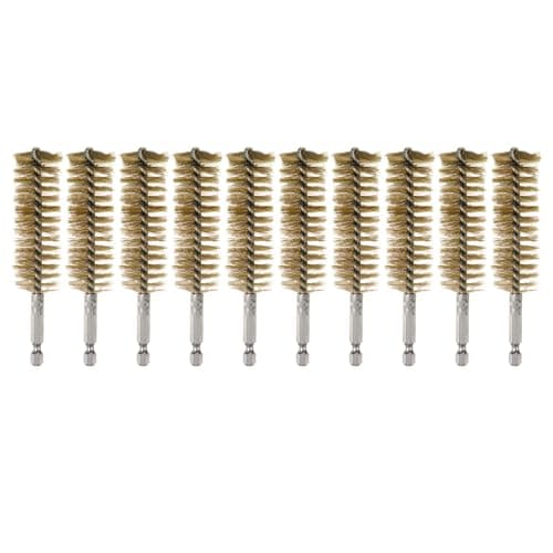 Image of sourcing map 10Pcs Brass Bore Brush 25mm Dia 4.5" Long Cleaning Twisted Wire Brush with Handle 1/4" Hex Shank for Tubes Ports Bearings, Yellow