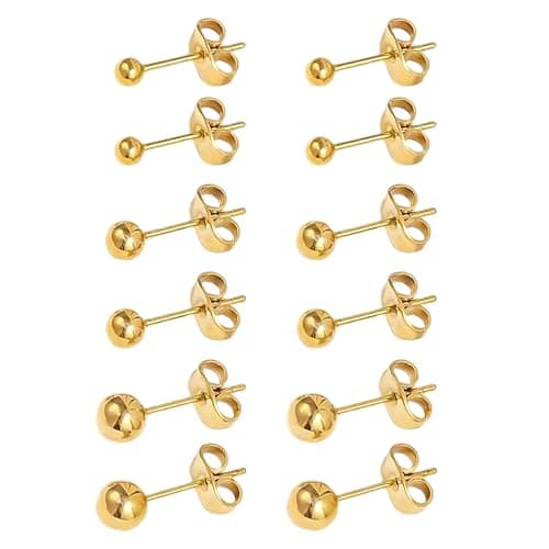 Image of 12 Pcs Gold Ball Stud Earrings Women Hypoallergenic Ball Earrings 3mm-8mm Stainless Steel Round Ball Studs Earrings