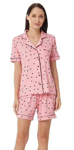 Image of YUSHOW Ladies Short Pyjamas Set Heart Print Button Through Nightwear Shorts and Top 2 Piece Sleepwear Lightweight Breathable Lounge Wear Set