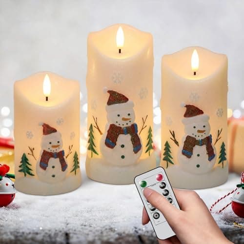 Image of Eldnacele Christmas Snowman LED Candles with Remote Control and Timer, 3D Relief Candles with Double Wick, Battery Operated Flameless Candles for Christmas Decoration, Ø7.5 cm × H10 / 12.5/15 cm