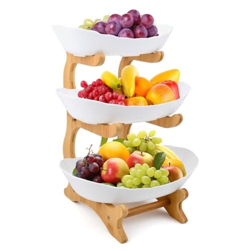 Image of DODUOS 3 Tier Fruit Basket, Fruit Baskets for Kitchens, Wooden Rack PP Fruit Bowl Serving Tray, Fruit Bowls,Vegetable Storage Rack for Kitchens,Home,Office,Vegetables,Onion,Banana,Snack Basket,Bedroom