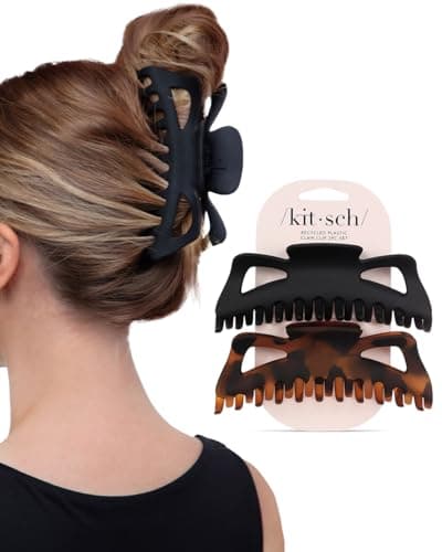 Image of Kitsch 5 Inch Large Claw Clips for Thick and Long Hair | Strong Grip Jumbo Claw Clip for All-Day Hold | 2pcs Matte Oversized Hair Accessories | Ideal Gifts for Women - Black & Tortoise Design