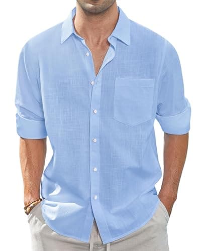 Image of J.VER Men's Linen Cotton Shirts Long Sleeve Regular Fit Casual Solid Lightweight Summer Beach Shirt with Pocket Blue 2XL