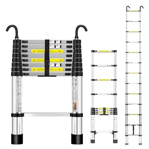 Image of Rewing Telescopic Ladder Extendable Ladder 2.6M/8.53FT Stainless Steel Thickened High-Ladders extendable with Non-Slip Feet and Detachable Hooks, Multi Purpose Extendable for Roof Caravans Attic