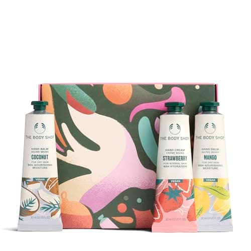 Image of The Body Shop Hand Care Trio Christmas Gift Set (3x 30ml), Festive Mini Hand Balms in Mango, Coconut & Strawberry, Nourishing Moisturisers with Shea Butter, Vegan