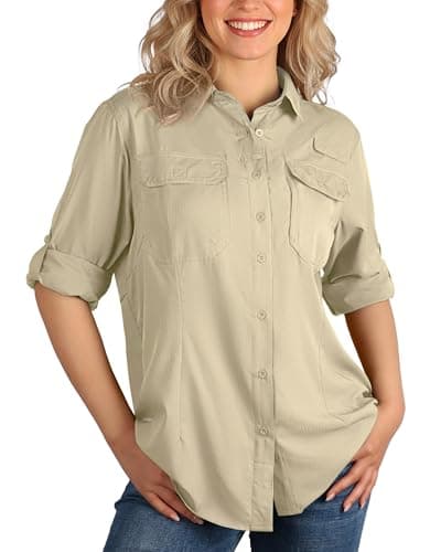 Image of 33,000ft Women's Safari Shirts Quick Dry Sun Protection Fishing Shirts Breathable Long Sleeve Hiking Shirt Blouses for Walking Camping Travel Khaki XL