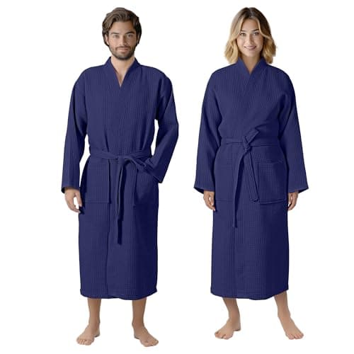 Image of HOMELEVEL Waffle Cotton Dressing Gown Men and Women - Womens Mens Dressing Gowns Lightweight Bathrobe - Towelling Spa Robe Bathrobes - Towel Bath Robes for Ladies - Navy - Medium