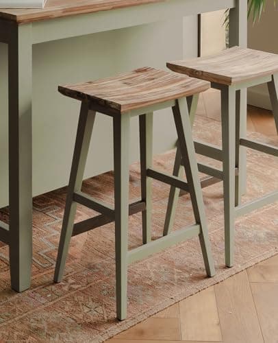 Image of Florence Sage Green Breakfast Bar Stool, Acacia Hardwood Square Seat, Tapered Wooden Legs | W43 H65 D33cm | Ready Assembled Backless Barstool | Kitchen Island Counter, Chair, Dining (sage green)