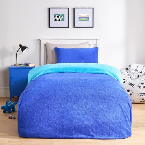 Image of Brentfords Teddy Fleece Duvet Set Single, Winter Bedding Fluffy Cosy Reversible Single Duvet Cover Set Super Soft Warm Thermal Teddy Bear Bedding with Pillowcase, Blue/Sea Blue