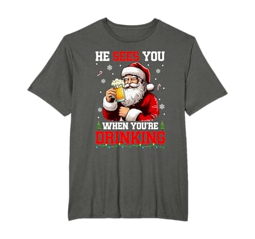 Image of He Sees When You're Drinking Christmas Santa Drinking Beer T-Shirt