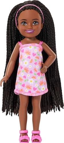 Image of Barbie Club Chelsea Small Doll, 6-Inch Ari with Braided Hair Wearing Removable Flower-Print Dress & Pink Sandals, JJB34