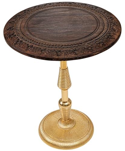 Image of The Wooden Town Side Tables-Hand Carved Vintage Boho Folding End Tables for Living Room, Entryway,Living Room, Bedroom -No Tools Assembly, 18"x22" Burnt Brown with Gold Aluminium Alloy_Spiral