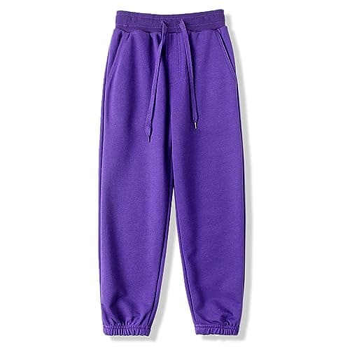 Image of BINIDUCKLING Boys Girls Plain Joggers, Drawstring Tracksuit Bottoms Classic Elasticated Cuff Jogging Pants Kids Casual School Trousers for PE Sports and Games (Purple,120/5Years)