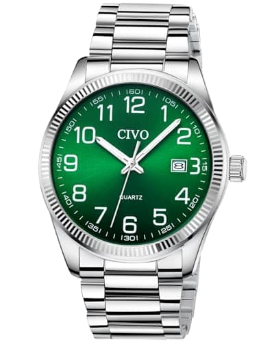 Image of CIVO Analog Watches for Men Waterproof: Easy Read Big Numbers Luminous Hands Date for Men Stainless Steel Strap - Stylish Green Face Wristwatch for Work Daily Wear