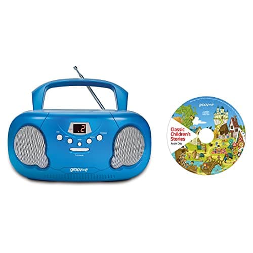 Image of Groov-e Original Boombox & Kids Story CD Bundle - Portable CD Player with Radio, 3.5mm Aux Port, & Headphone Socket - CD Features 10 Classic Children's Stories - Battery or Mains Powered - Blue