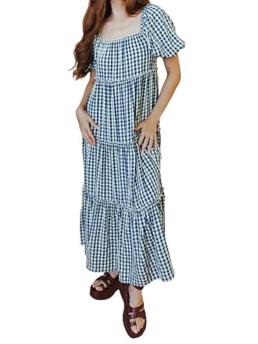 Image of Acrawnni Women's Casual Bohemian Dress Puff Sleeve Square Neck Floral Print Summer A-Line Maxi Dress Beach Holiday Sundress (D-Blue, S)