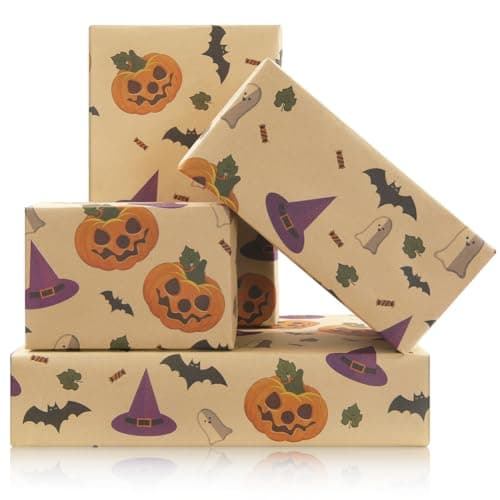 Image of Halloween Wrapping Paper for Kids, Scary Funny Orange Jack-O-Lantern Carved Pumpkin Skull Candy Gift Wrap 4 Sheets Folded Flat 74x50cm Per Sheet For Day Of The Dead Halloween Party