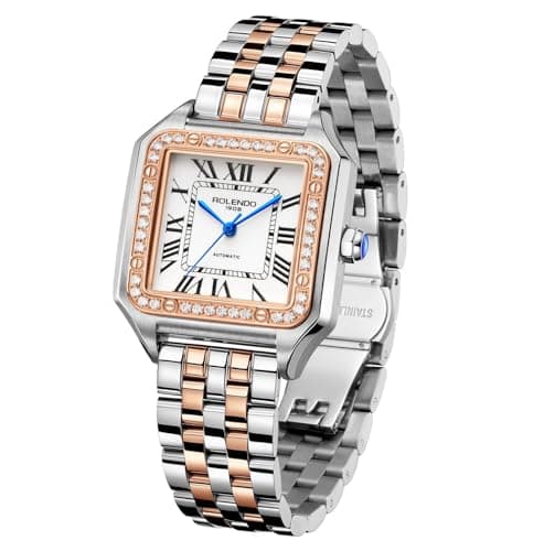 Image of ROLENDO Automatic Watch for Women, Luxury Square Watch, Roman Numerals, 33mm Ladies Watch Elegant, Stainless Steel Bracelet, Diamond Wrist Watches for Work Dress, Gift for Her, Rosegold+Two