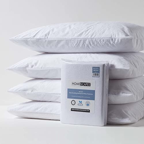 Image of HOMESCAPES Set of 4 Terry Towelling Waterproof Pillow Protectors 100% Cotton Terry Pile Top Breathable Hypoallergenic Washable 48 x 74 cm Pillow Covers with Envelope Closure