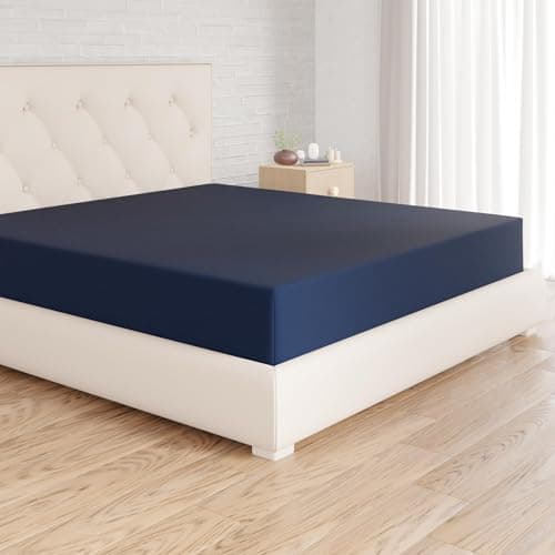 Image of Amazon Basics Bedding Soft Microfibre Super King Fitted Sheet with 12 inch (30 cm) Deep Pocket, 180 x 200 cm, Navy Blue