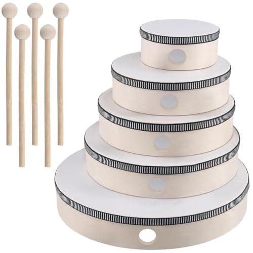 Image of JEUIHAU 5 Pack Hand Drum Set, 4 Inch 6 Inch 7 Inch 8 Inch 10 Inch Frame Drum Kit with Drum Stick, Wood Frame Drum for Beginners Party Supplies