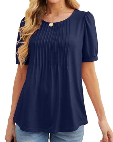 Image of GRECERELLE Womens Summer Tops Casual Dressy Soft Short Sleeve Tunic Front Pleated Spring Crew Neck Tees T-Shirts Loose Blouse for Ladies (Navy Blue, XXL)