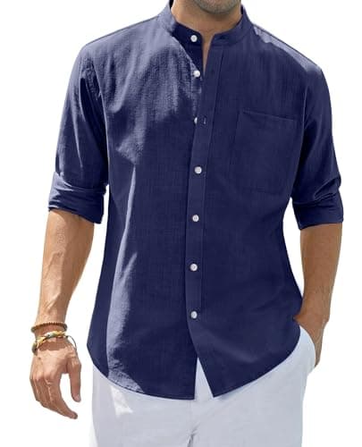 Image of siliteelon Men's Shirts Grandad Collar Long Sleeve Navy Blue Linen Shirts Regular Fit Casual Summer Beach Shirt with Pocket,Medium