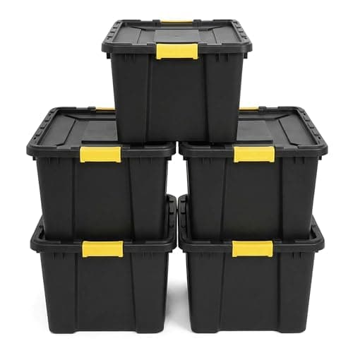 Image of NOVECRAFTO 150L Extra Large Storage Box with Lid, 5 Pack – Heavy-Duty Storage Box with Carry Handles, Durable Plastic, Clip Locks, Padlockable & Stackable – Garage, Shed & Outdoor Use (Black)